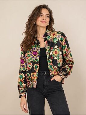 Vintage Carlisle 100% Silk Jewel Print Bomber Jacket Size 12